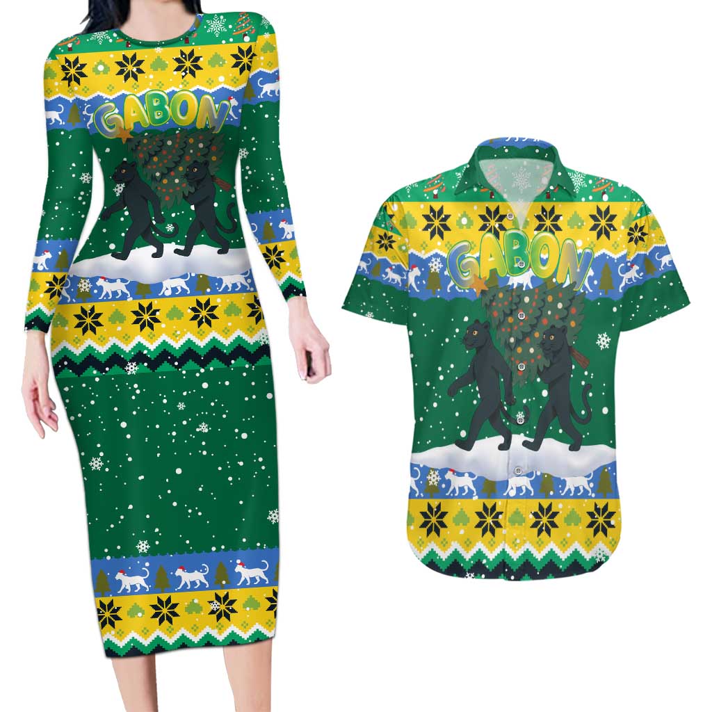 Gabon Christmas Couples Matching Long Sleeve Bodycon Dress and Hawaiian Shirt with Black Panthers Carrying Tree and Green Yellow Snowflake Pattern - Wonder Print Shop
