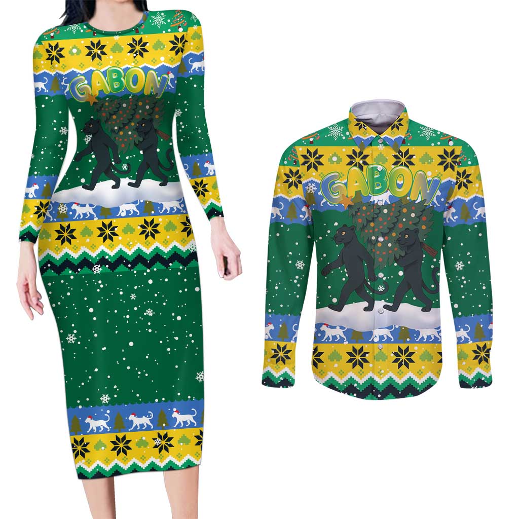 Gabon Christmas Couples Matching Long Sleeve Bodycon Dress and Long Sleeve Button Shirt with Black Panthers Carrying Tree and Green Yellow Snowflake Pattern - Wonder Print Shop
