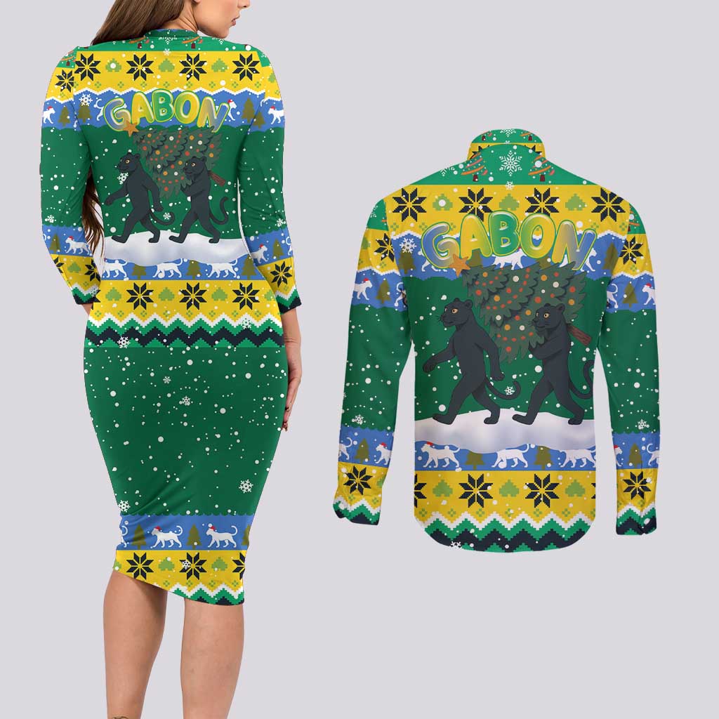 Gabon Christmas Couples Matching Long Sleeve Bodycon Dress and Long Sleeve Button Shirt with Black Panthers Carrying Tree and Green Yellow Snowflake Pattern - Wonder Print Shop
