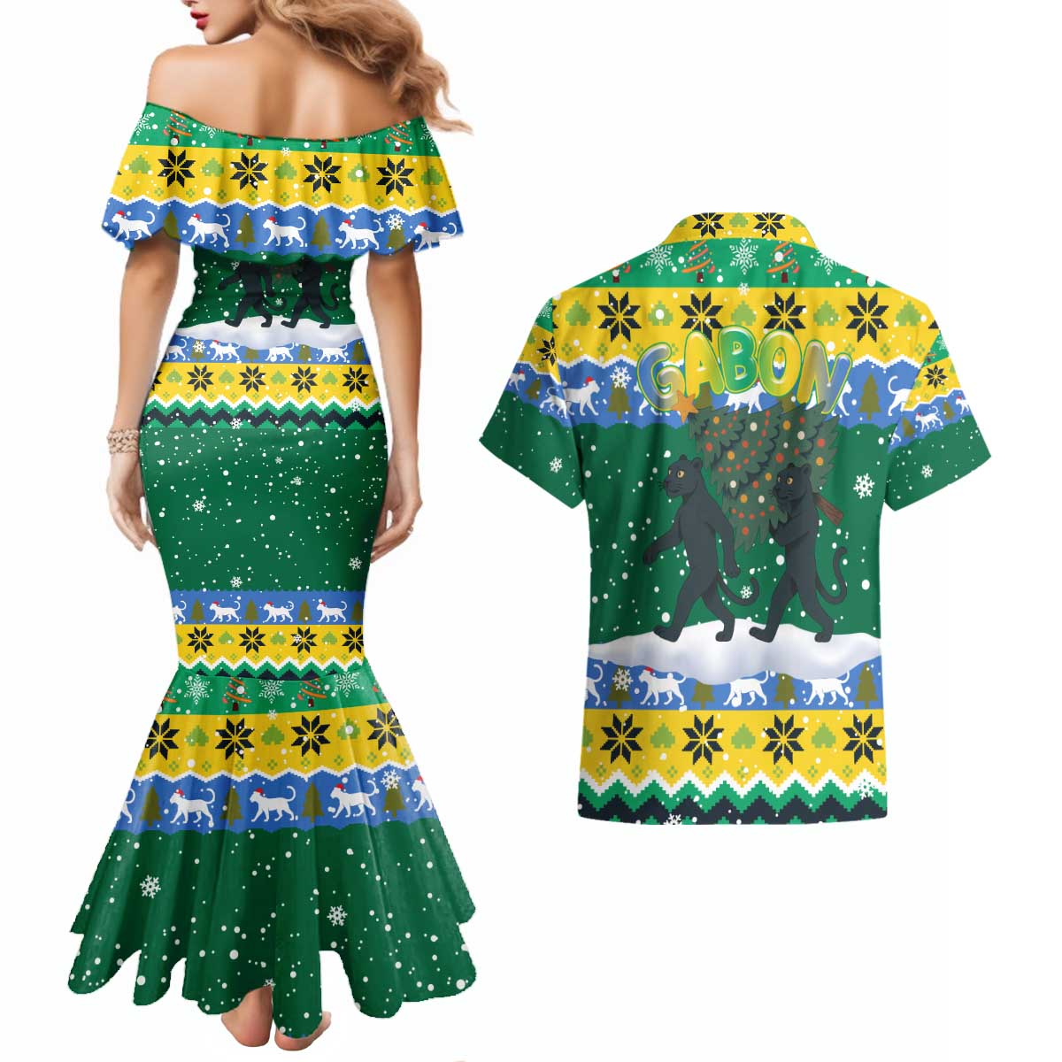 Gabon Christmas Couples Matching Mermaid Dress and Hawaiian Shirt with Black Panthers Carrying Tree and Green Yellow Snowflake Pattern - Wonder Print Shop