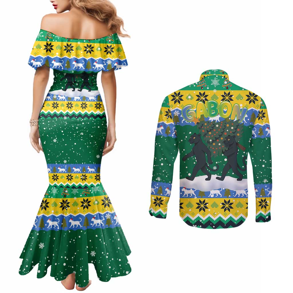Gabon Christmas Couples Matching Mermaid Dress and Long Sleeve Button Shirt with Black Panthers Carrying Tree and Green Yellow Snowflake Pattern - Wonder Print Shop
