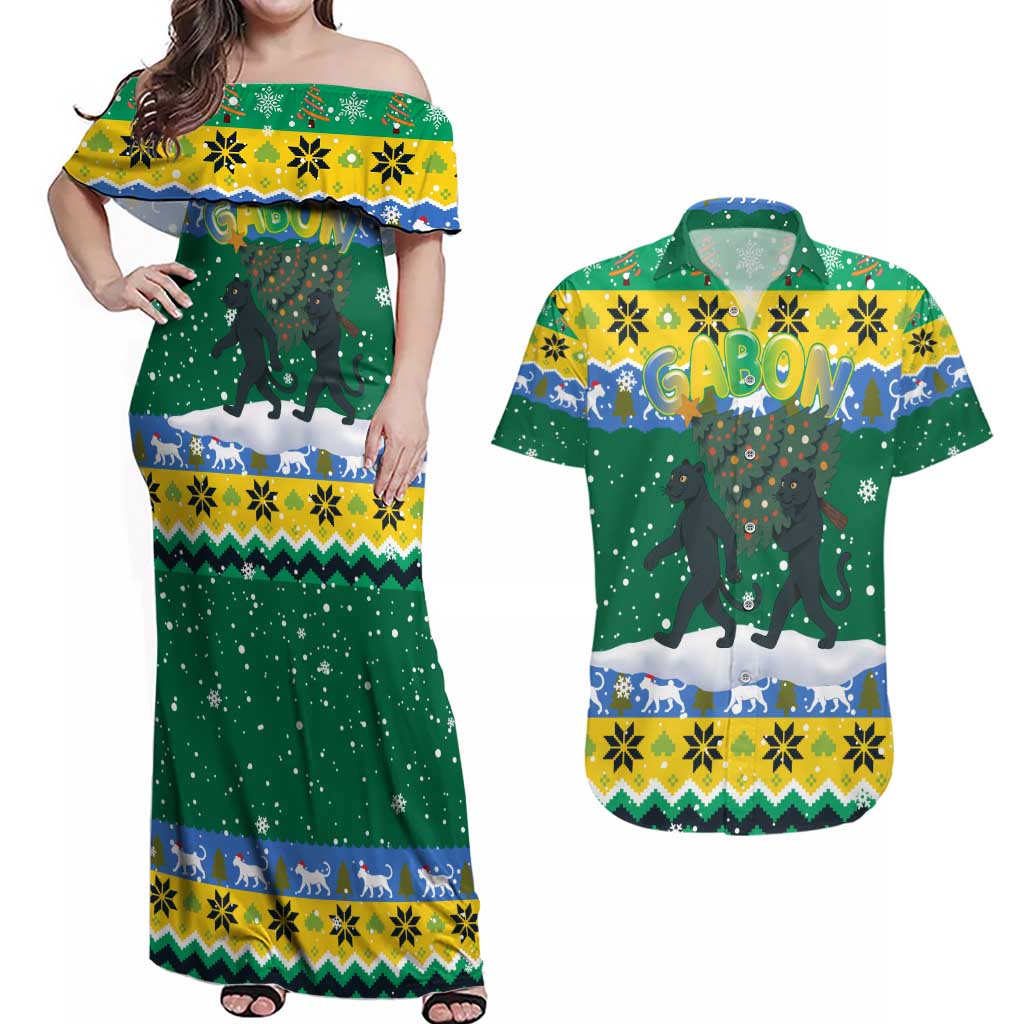 Gabon Christmas Couples Matching Off Shoulder Maxi Dress and Hawaiian Shirt with Black Panthers Carrying Tree and Green Yellow Snowflake Pattern - Wonder Print Shop