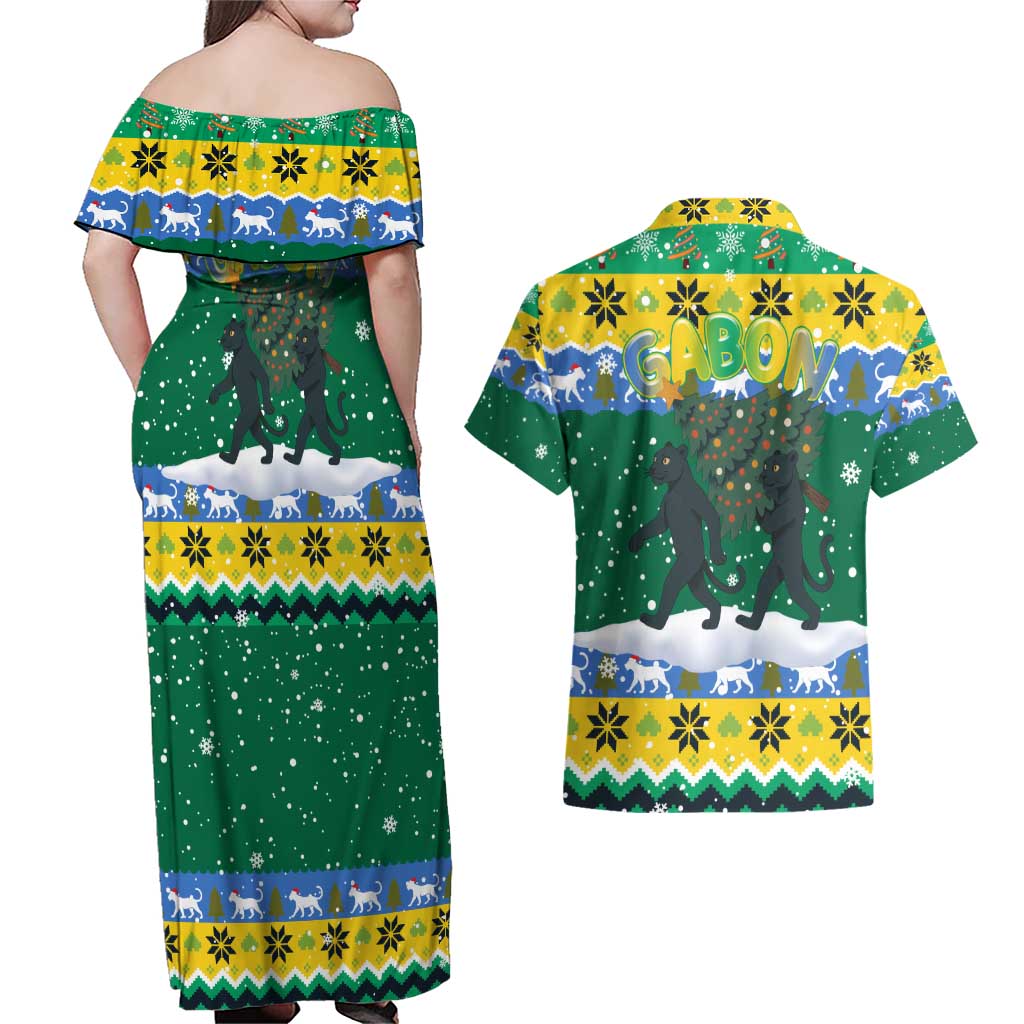 Gabon Christmas Couples Matching Off Shoulder Maxi Dress and Hawaiian Shirt with Black Panthers Carrying Tree and Green Yellow Snowflake Pattern - Wonder Print Shop