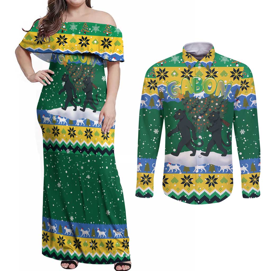 Gabon Christmas Couples Matching Off Shoulder Maxi Dress and Long Sleeve Button Shirt with Black Panthers Carrying Tree and Green Yellow Snowflake Pattern - Wonder Print Shop