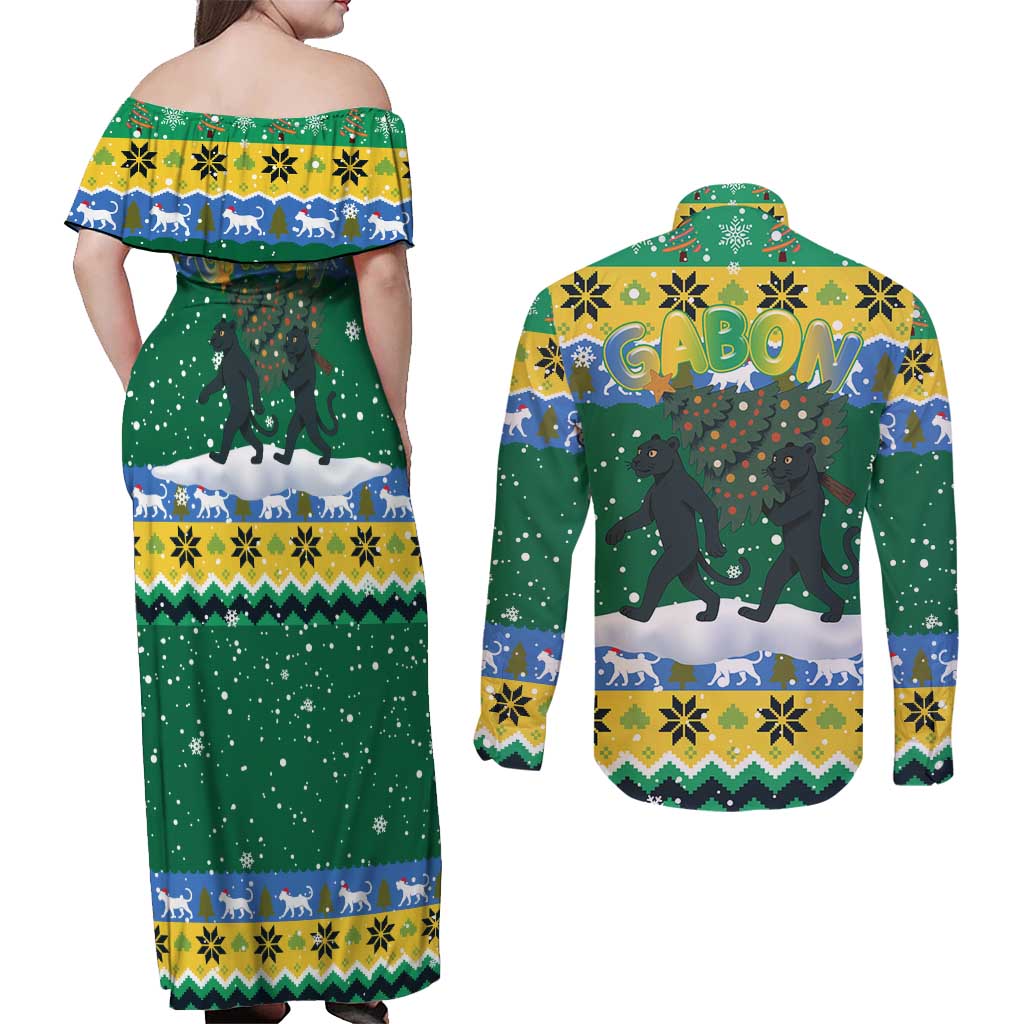 Gabon Christmas Couples Matching Off Shoulder Maxi Dress and Long Sleeve Button Shirt with Black Panthers Carrying Tree and Green Yellow Snowflake Pattern - Wonder Print Shop