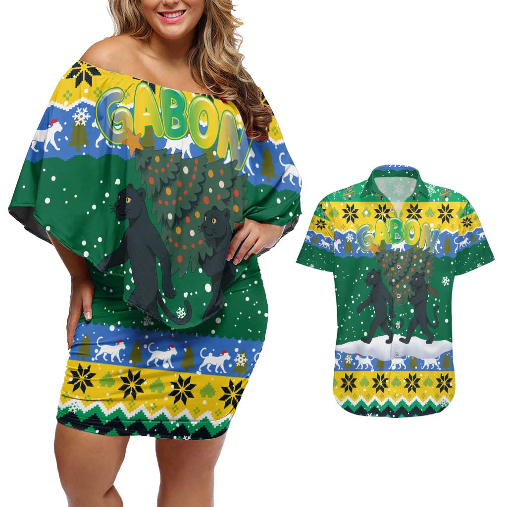 Gabon Christmas Couples Matching Off Shoulder Short Dress and Hawaiian Shirt with Black Panthers Carrying Tree and Green Yellow Snowflake Pattern - Wonder Print Shop