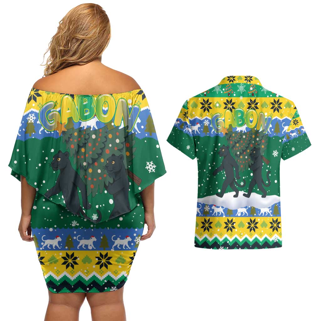 Gabon Christmas Couples Matching Off Shoulder Short Dress and Hawaiian Shirt with Black Panthers Carrying Tree and Green Yellow Snowflake Pattern - Wonder Print Shop