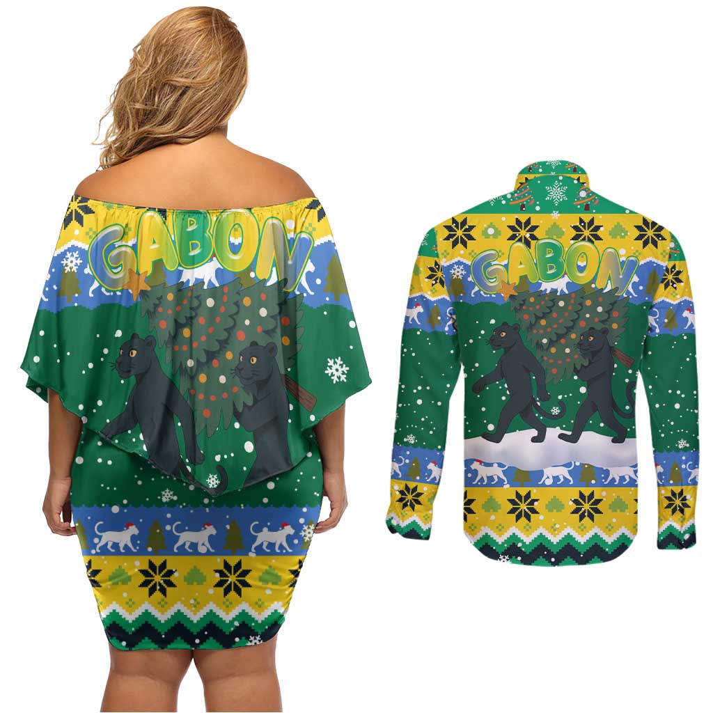 Gabon Christmas Couples Matching Off Shoulder Short Dress and Long Sleeve Button Shirt with Black Panthers Carrying Tree and Green Yellow Snowflake Pattern - Wonder Print Shop