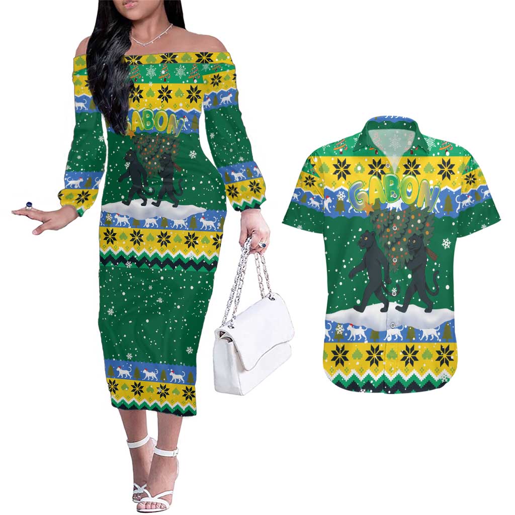 Gabon Christmas Couples Matching Off The Shoulder Long Sleeve Dress and Hawaiian Shirt with Black Panthers Carrying Tree and Green Yellow Snowflake Pattern - Wonder Print Shop