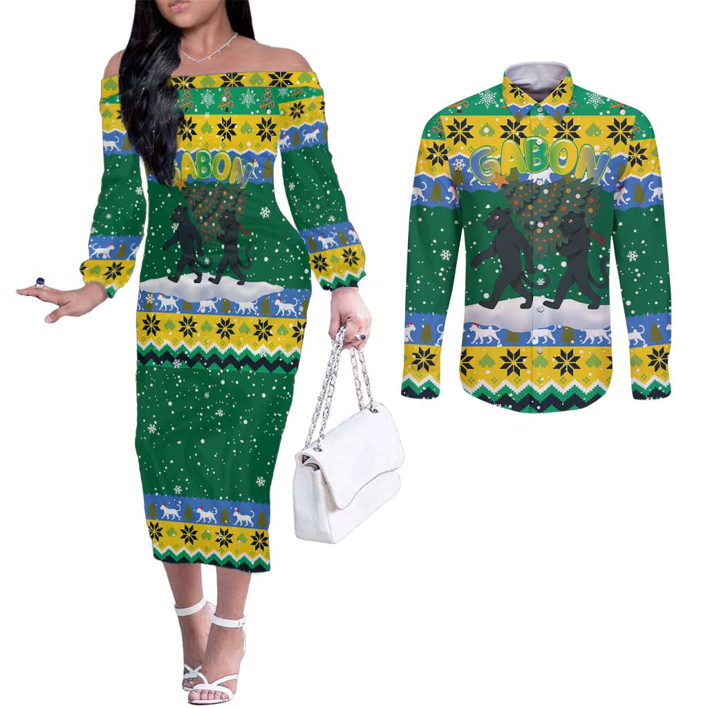 Gabon Christmas Couples Matching Off The Shoulder Long Sleeve Dress and Long Sleeve Button Shirt with Black Panthers Carrying Tree and Green Yellow Snowflake Pattern - Wonder Print Shop