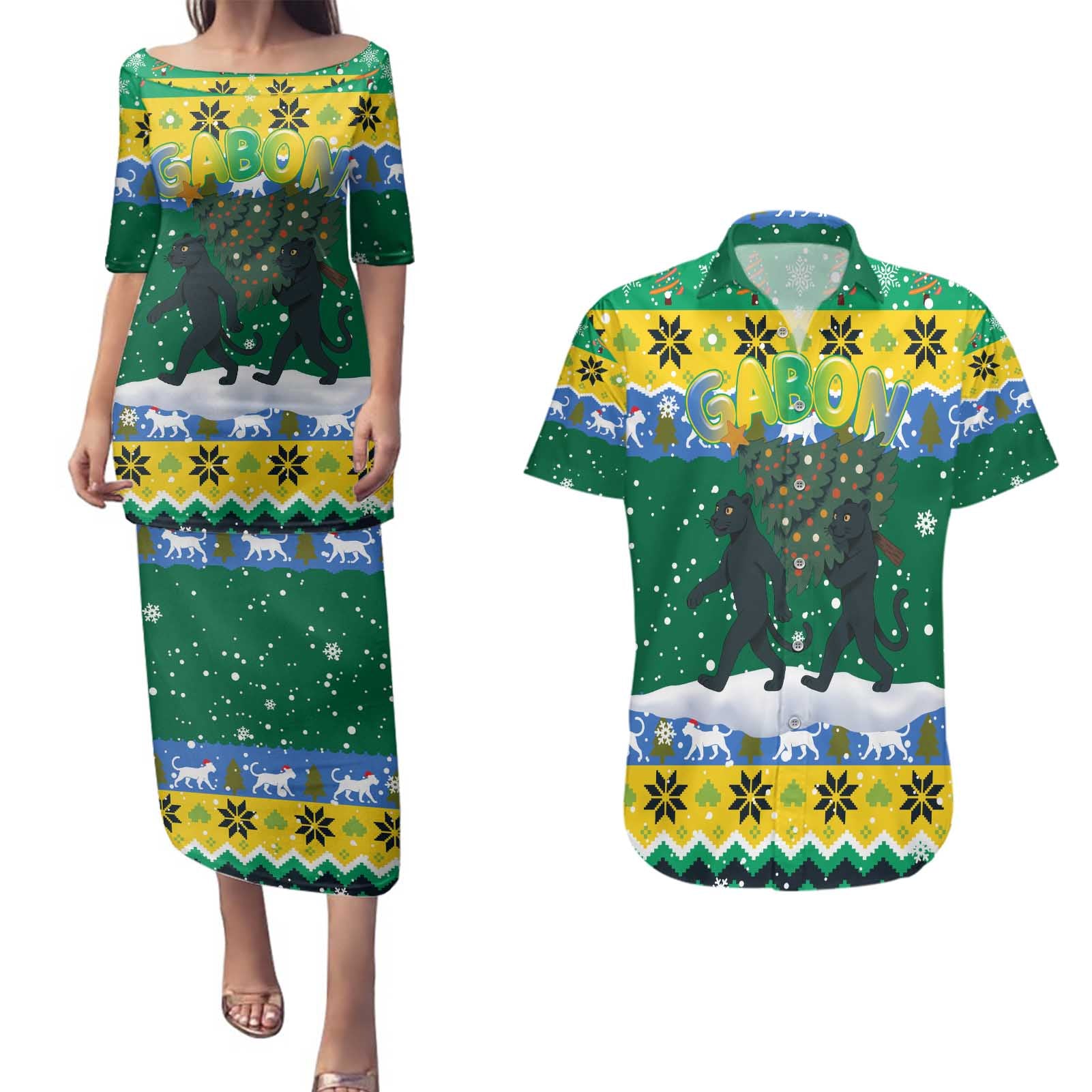 Gabon Christmas Couples Matching Puletasi and Hawaiian Shirt with Black Panthers Carrying Tree and Green Yellow Snowflake Pattern - Wonder Print Shop