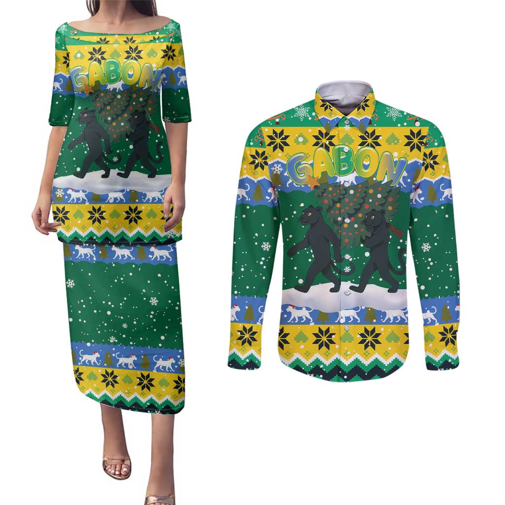 Gabon Christmas Couples Matching Puletasi and Long Sleeve Button Shirt with Black Panthers Carrying Tree and Green Yellow Snowflake Pattern - Wonder Print Shop