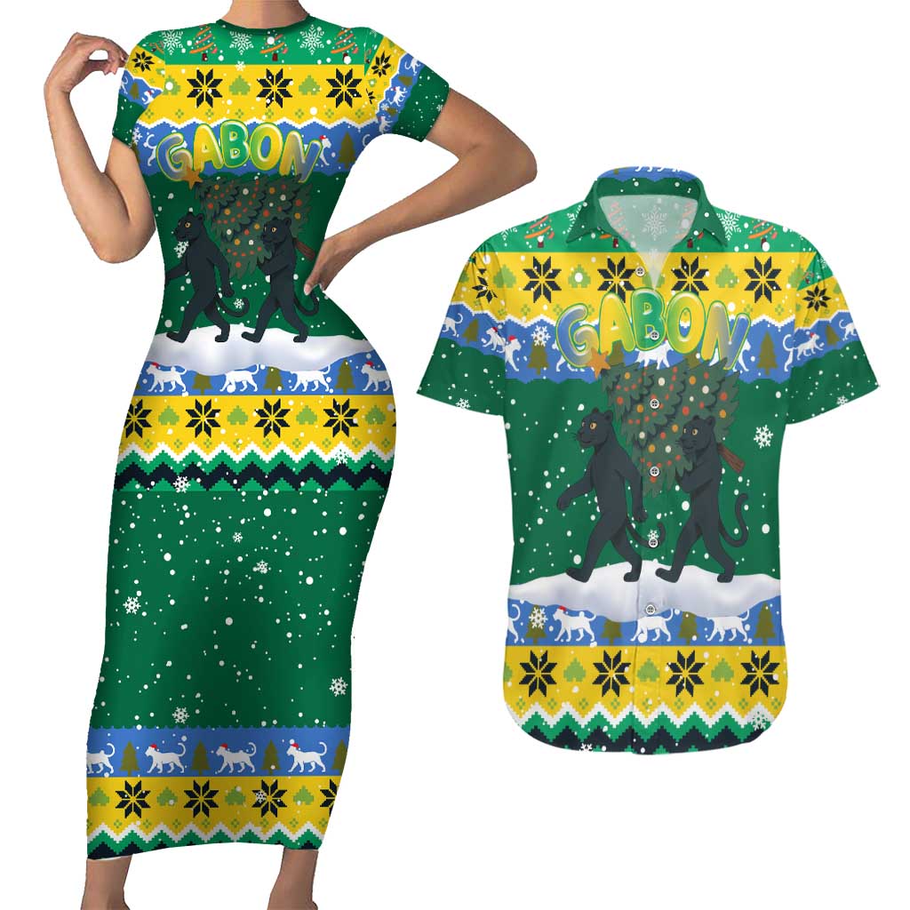 Gabon Christmas Couples Matching Short Sleeve Bodycon Dress and Hawaiian Shirt with Black Panthers Carrying Tree and Green Yellow Snowflake Pattern - Wonder Print Shop
