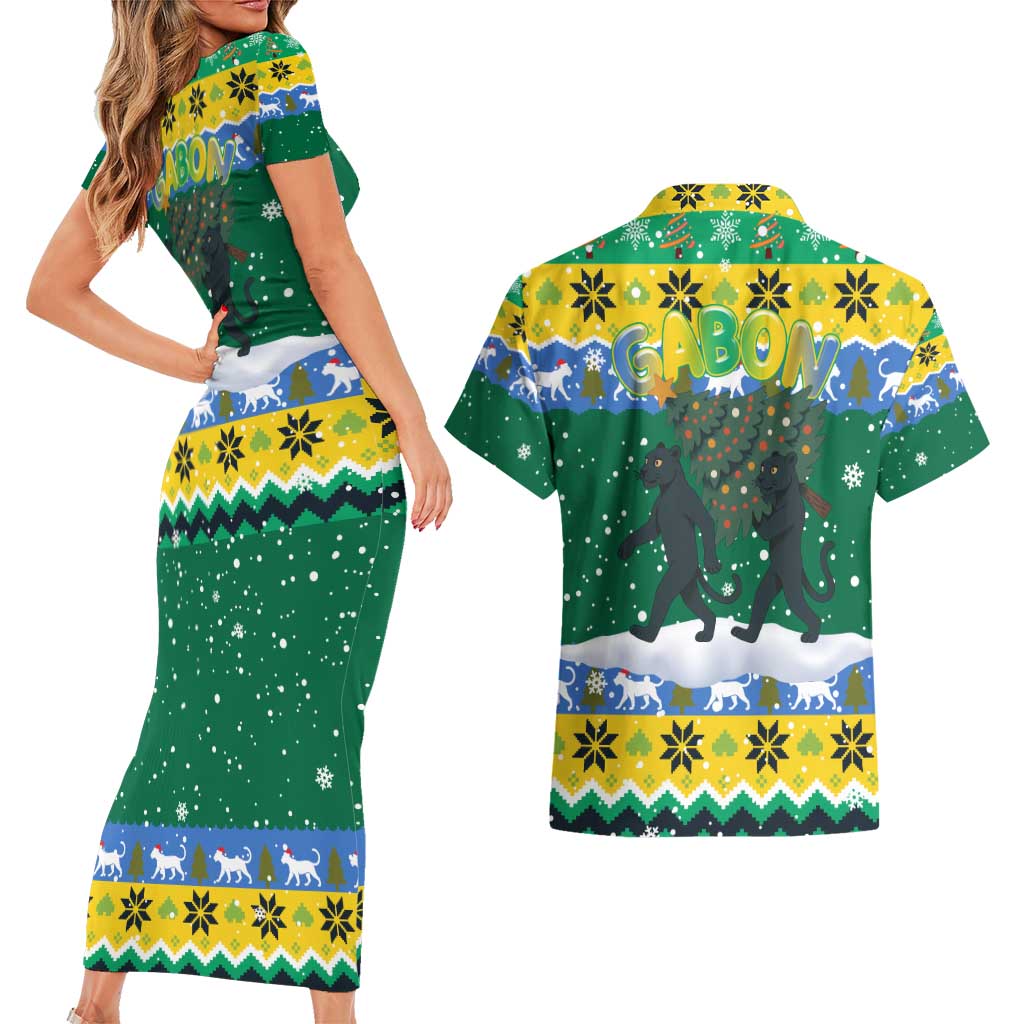 Gabon Christmas Couples Matching Short Sleeve Bodycon Dress and Hawaiian Shirt with Black Panthers Carrying Tree and Green Yellow Snowflake Pattern - Wonder Print Shop