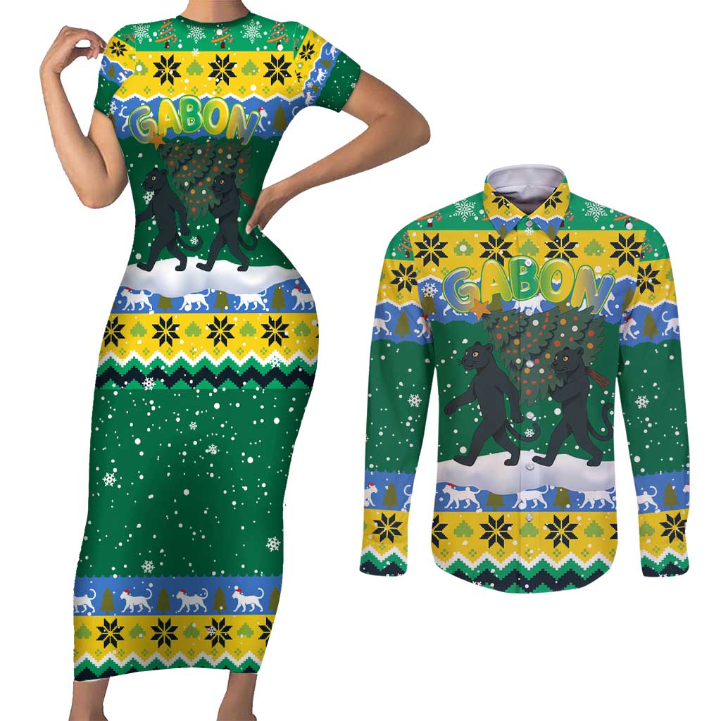 Gabon Christmas Couples Matching Short Sleeve Bodycon Dress and Long Sleeve Button Shirt with Black Panthers Carrying Tree and Green Yellow Snowflake Pattern - Wonder Print Shop