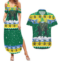 Gabon Christmas Couples Matching Summer Maxi Dress and Hawaiian Shirt with Black Panthers Carrying Tree and Green Yellow Snowflake Pattern - Wonder Print Shop