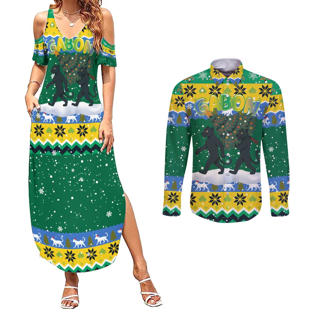 Gabon Christmas Couples Matching Summer Maxi Dress and Long Sleeve Button Shirt with Black Panthers Carrying Tree and Green Yellow Snowflake Pattern - Wonder Print Shop
