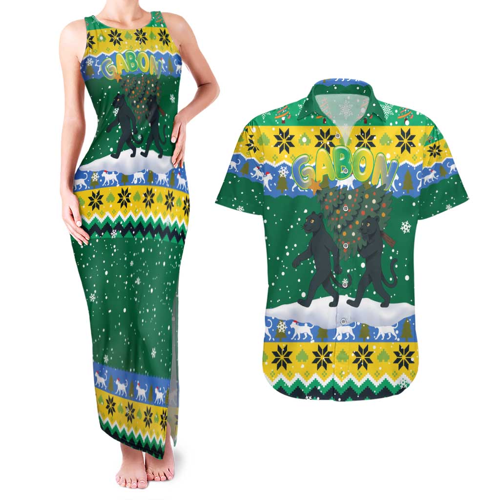 Gabon Christmas Couples Matching Tank Maxi Dress and Hawaiian Shirt with Black Panthers Carrying Tree and Green Yellow Snowflake Pattern - Wonder Print Shop