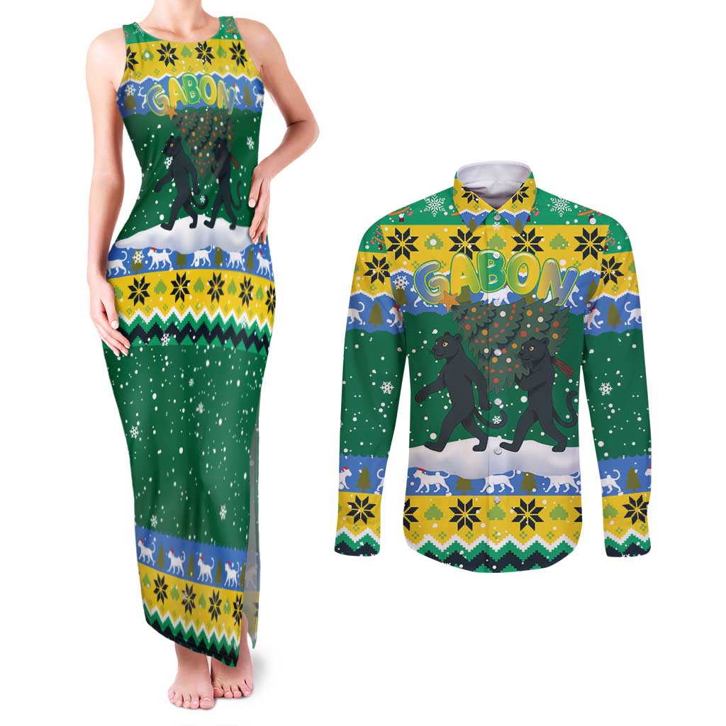 Gabon Christmas Couples Matching Tank Maxi Dress and Long Sleeve Button Shirt with Black Panthers Carrying Tree and Green Yellow Snowflake Pattern - Wonder Print Shop