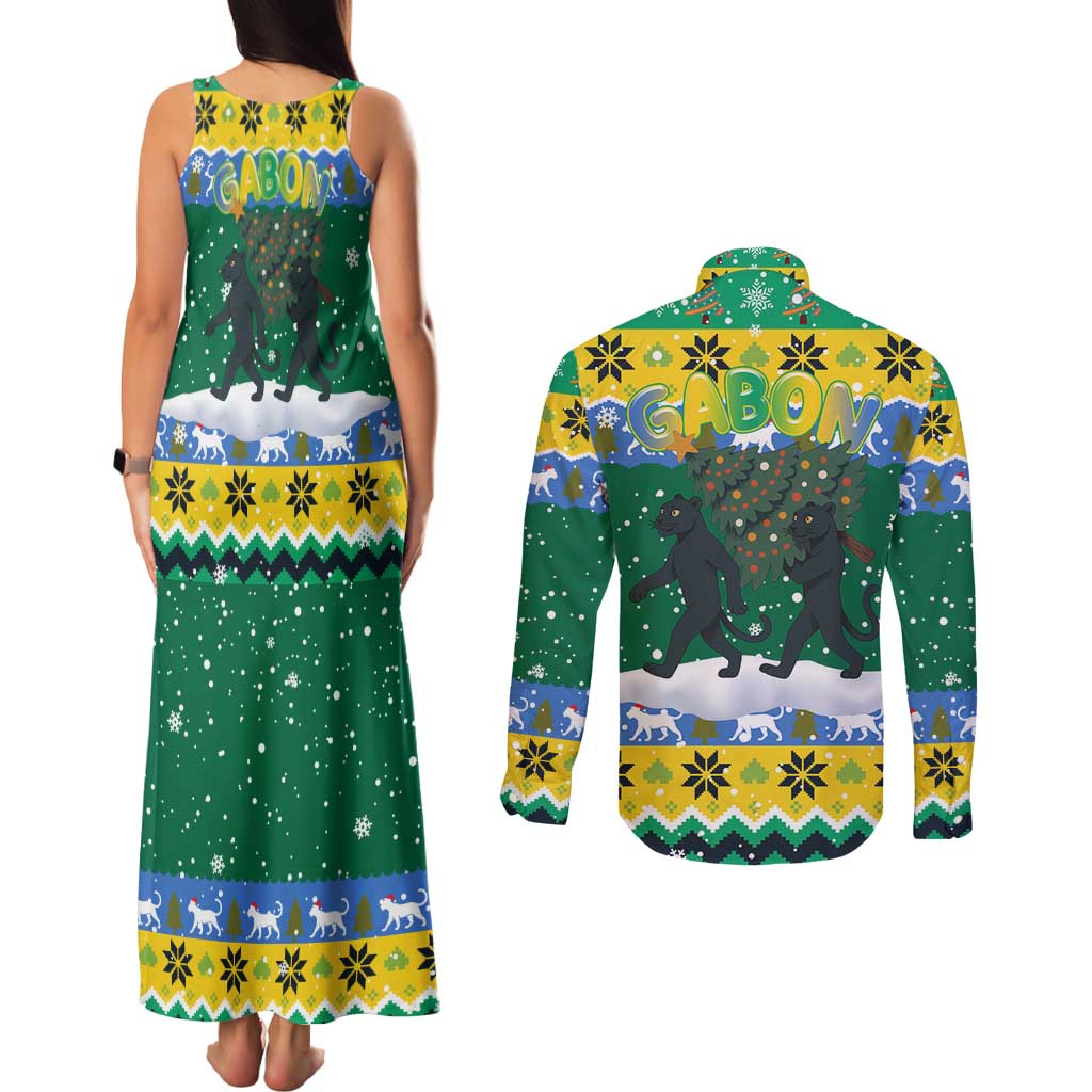 Gabon Christmas Couples Matching Tank Maxi Dress and Long Sleeve Button Shirt with Black Panthers Carrying Tree and Green Yellow Snowflake Pattern - Wonder Print Shop