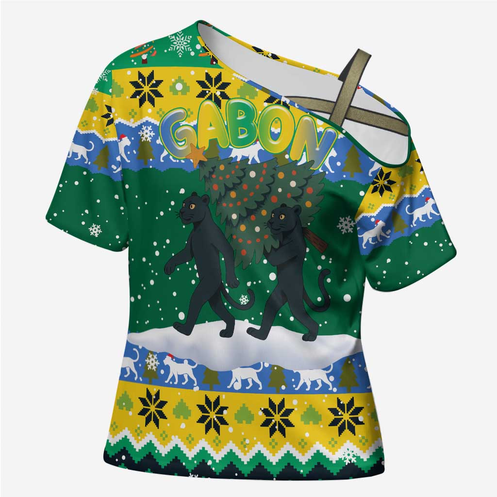 Gabon Christmas Cross Shoulder Shirt with Black Panthers Carrying Tree and Green Yellow Snowflake Pattern - Wonder Print Shop