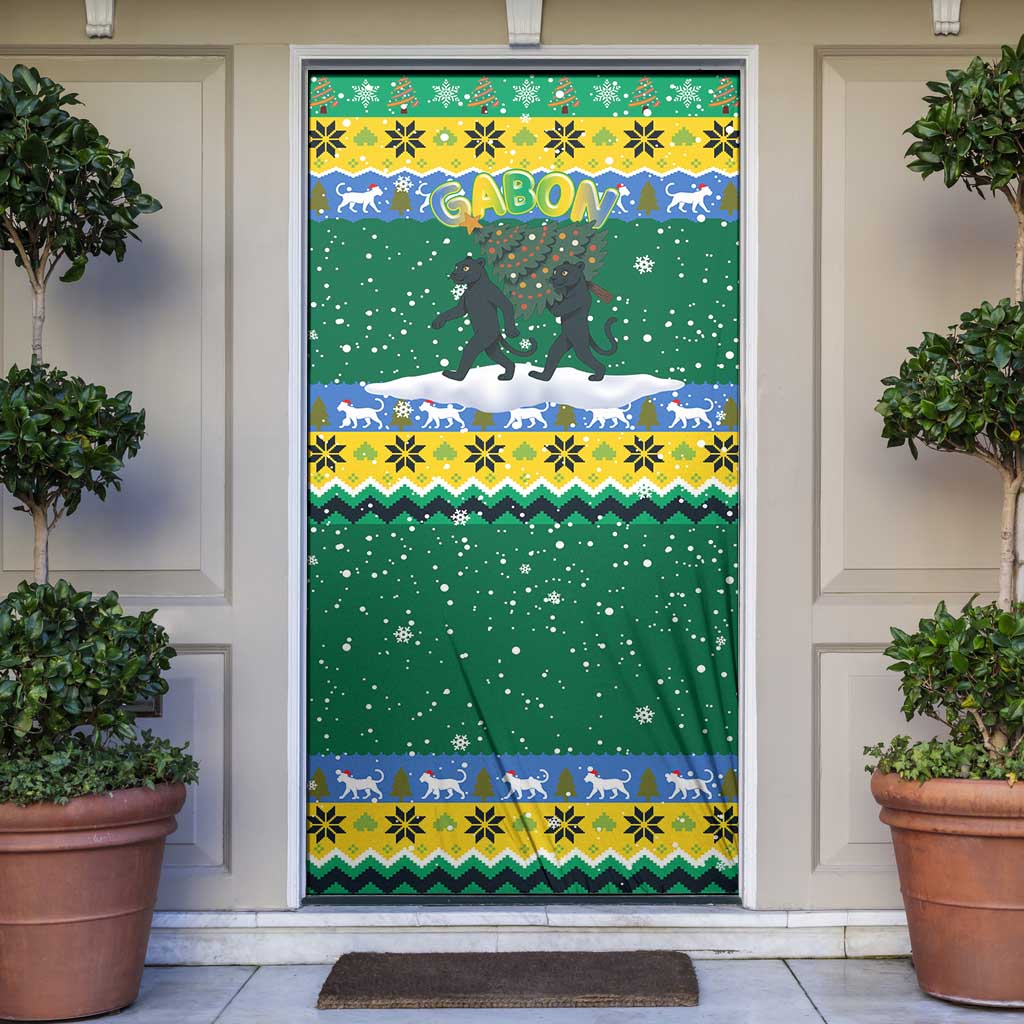 Gabon Christmas Door Cover with Black Panthers Carrying Tree and Green Yellow Snowflake Pattern - Wonder Print Shop