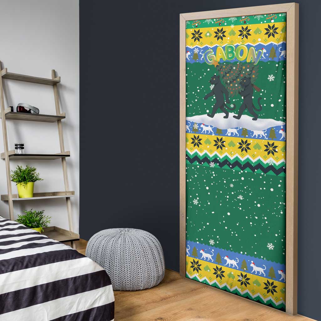 Gabon Christmas Door Cover with Black Panthers Carrying Tree and Green Yellow Snowflake Pattern - Wonder Print Shop