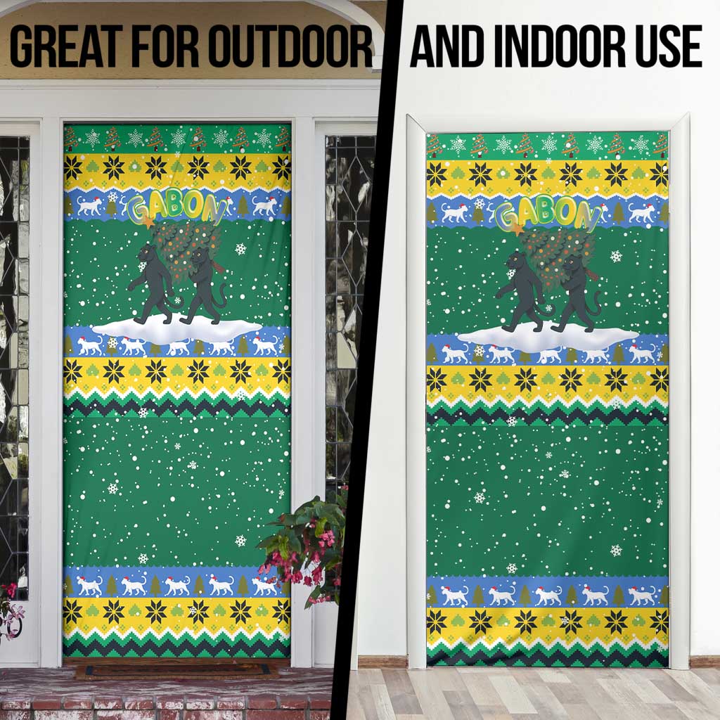 Gabon Christmas Door Cover with Black Panthers Carrying Tree and Green Yellow Snowflake Pattern - Wonder Print Shop