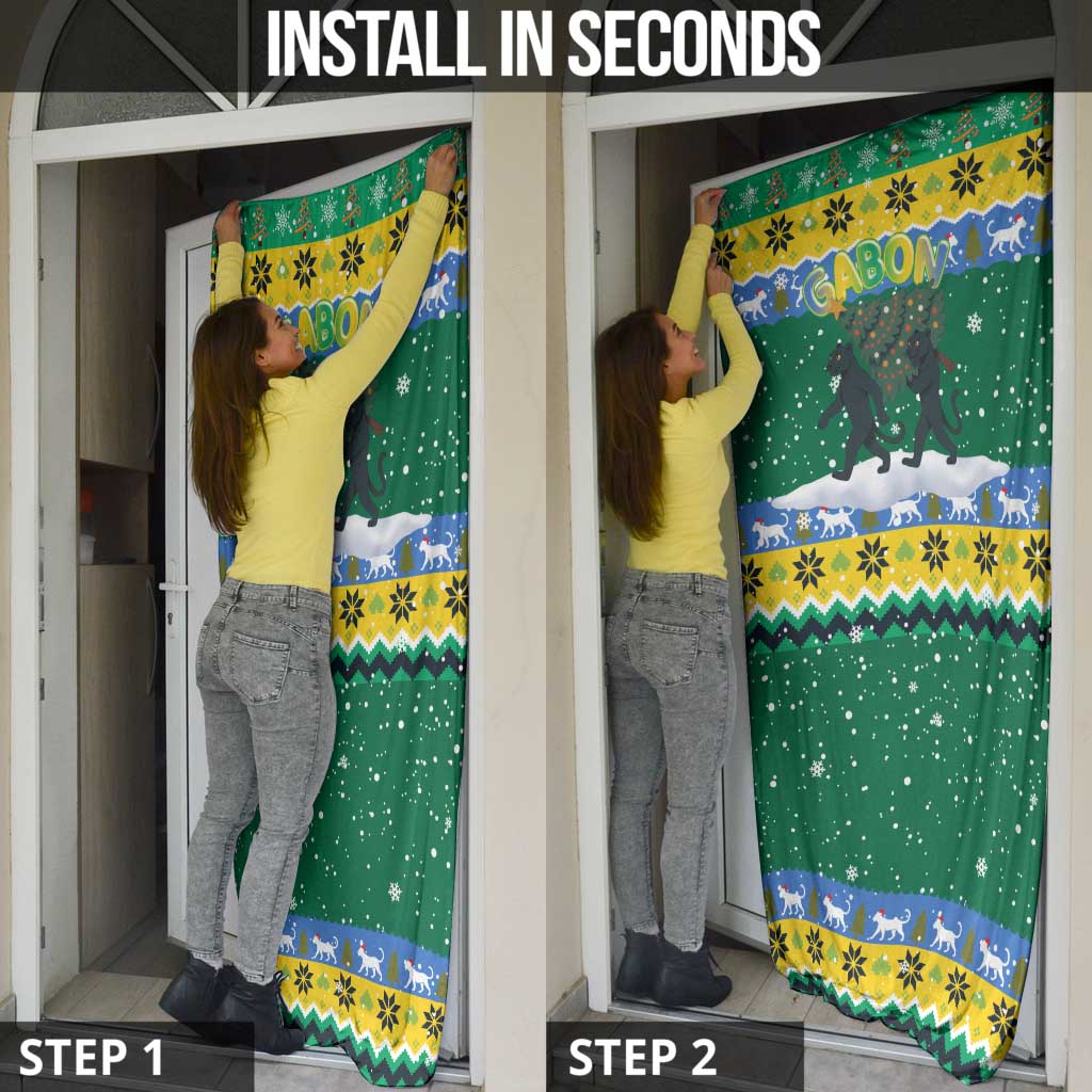 Gabon Christmas Door Cover with Black Panthers Carrying Tree and Green Yellow Snowflake Pattern - Wonder Print Shop