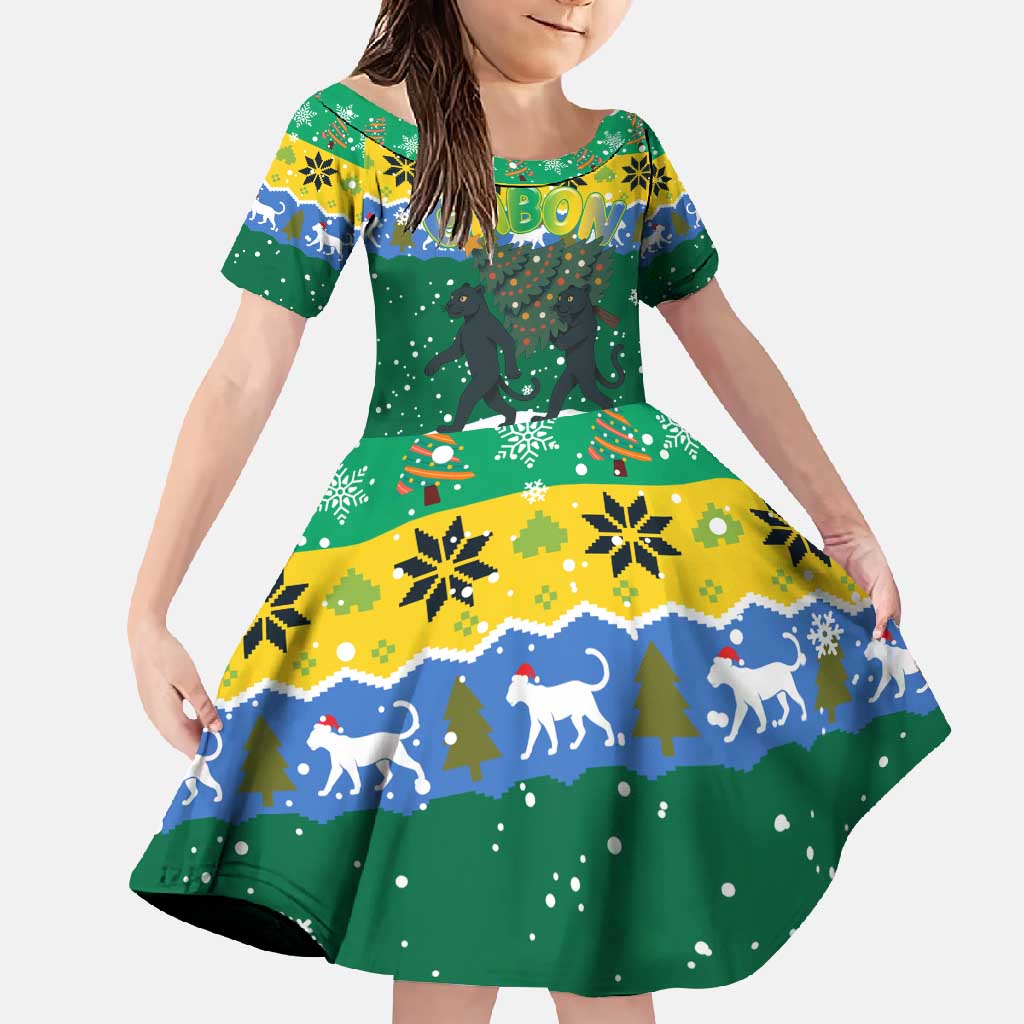 Gabon Christmas Family Matching Long Sleeve Bodycon Dress and Hawaiian Shirt with Black Panthers Carrying Tree and Green Yellow Snowflake Pattern - Wonder Print Shop