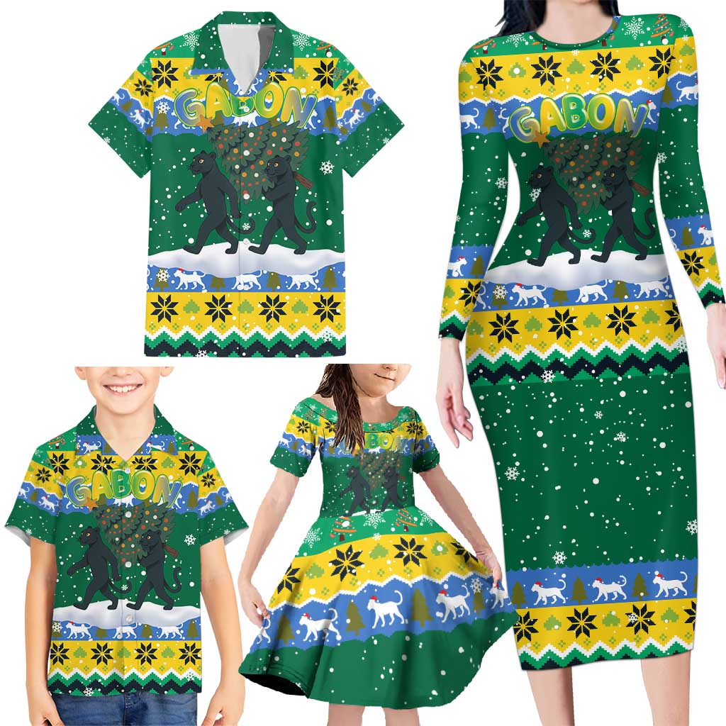 Gabon Christmas Family Matching Long Sleeve Bodycon Dress and Hawaiian Shirt with Black Panthers Carrying Tree and Green Yellow Snowflake Pattern - Wonder Print Shop