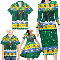 Gabon Christmas Family Matching Long Sleeve Bodycon Dress and Hawaiian Shirt with Black Panthers Carrying Tree and Green Yellow Snowflake Pattern - Wonder Print Shop