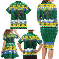Gabon Christmas Family Matching Long Sleeve Bodycon Dress and Hawaiian Shirt with Black Panthers Carrying Tree and Green Yellow Snowflake Pattern - Wonder Print Shop