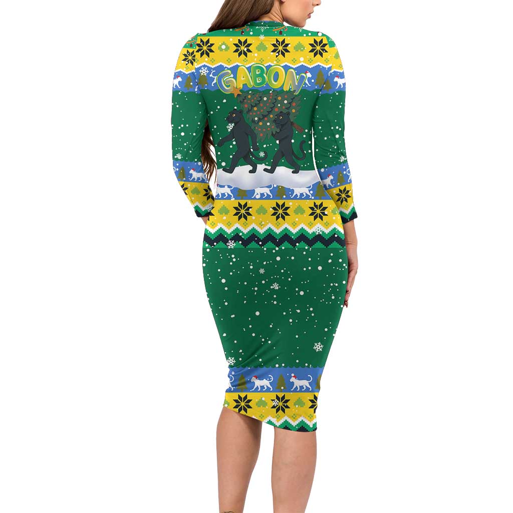 Gabon Christmas Family Matching Long Sleeve Bodycon Dress and Hawaiian Shirt with Black Panthers Carrying Tree and Green Yellow Snowflake Pattern - Wonder Print Shop