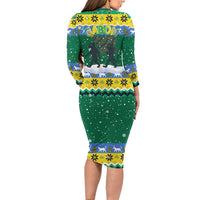 Gabon Christmas Family Matching Long Sleeve Bodycon Dress and Hawaiian Shirt with Black Panthers Carrying Tree and Green Yellow Snowflake Pattern - Wonder Print Shop