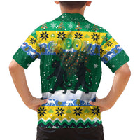 Gabon Christmas Family Matching Mermaid Dress and Hawaiian Shirt with Black Panthers Carrying Tree and Green Yellow Snowflake Pattern - Wonder Print Shop