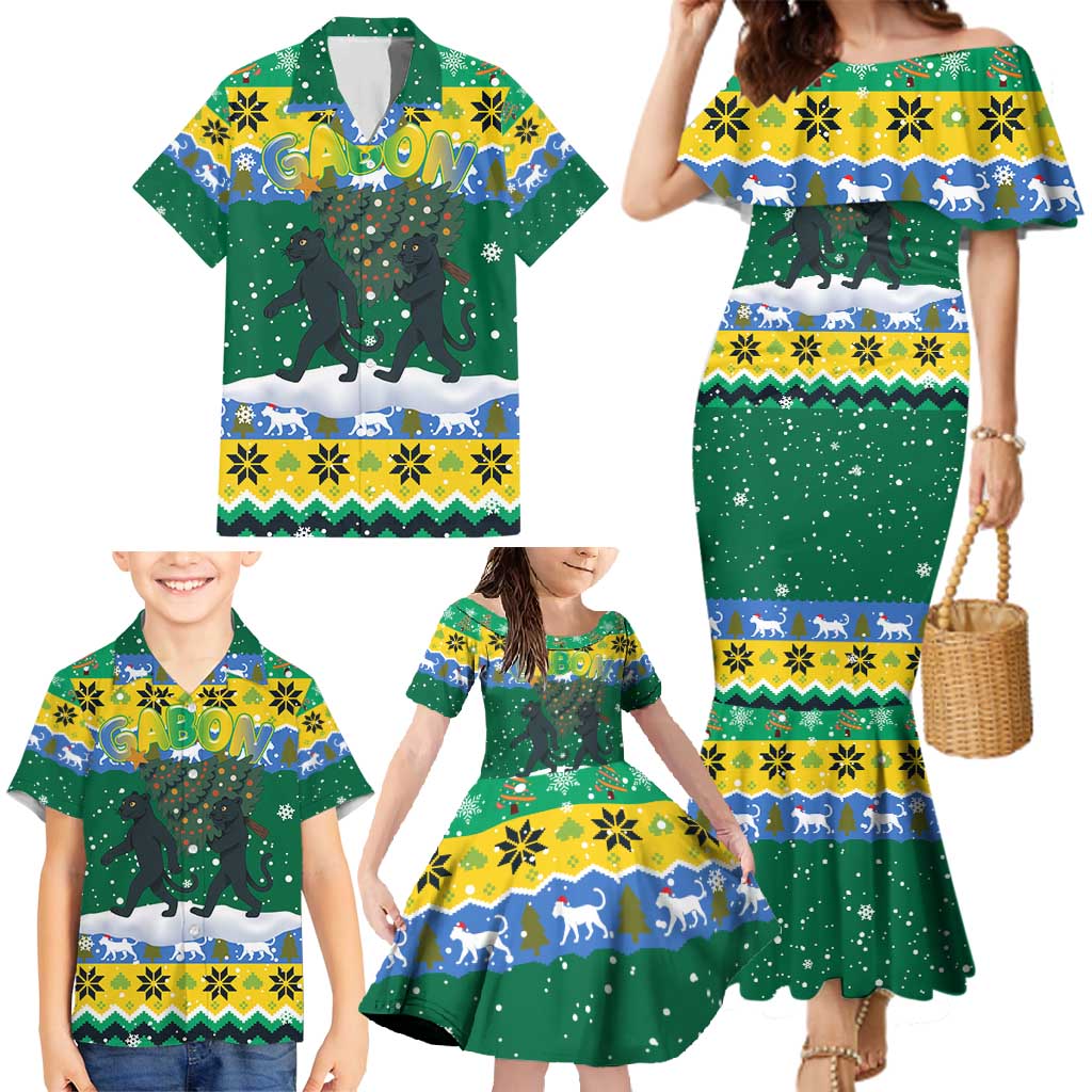 Gabon Christmas Family Matching Mermaid Dress and Hawaiian Shirt with Black Panthers Carrying Tree and Green Yellow Snowflake Pattern - Wonder Print Shop