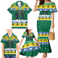 Gabon Christmas Family Matching Mermaid Dress and Hawaiian Shirt with Black Panthers Carrying Tree and Green Yellow Snowflake Pattern - Wonder Print Shop