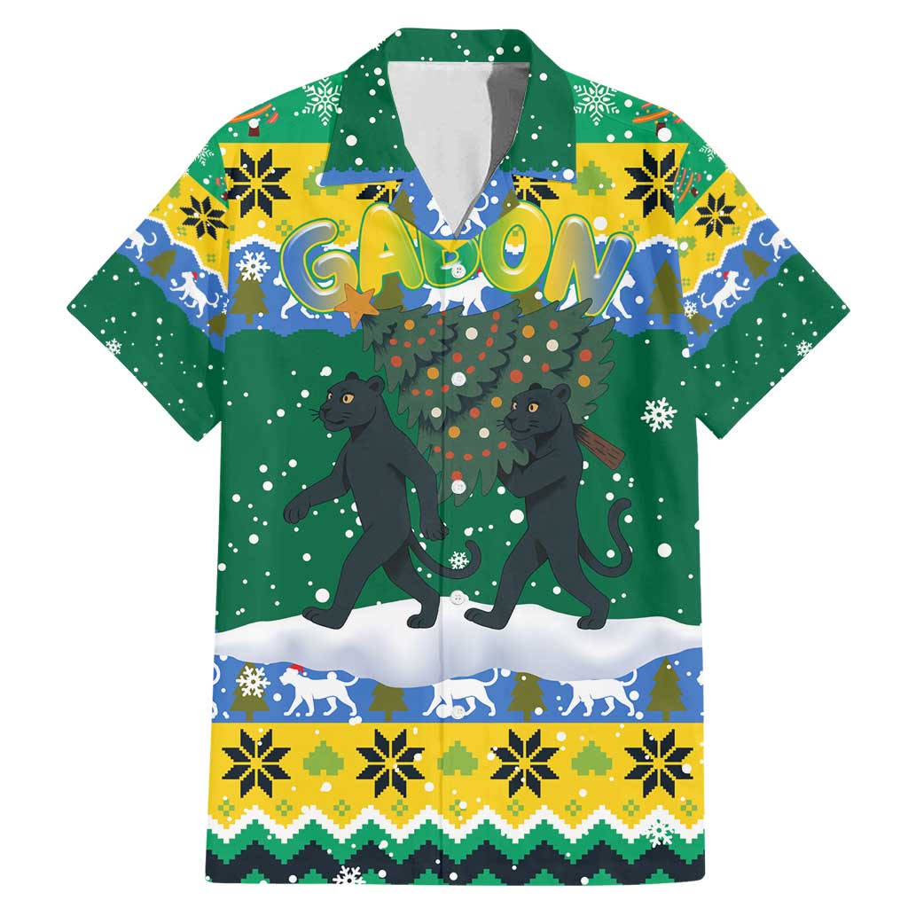Gabon Christmas Family Matching Mermaid Dress and Hawaiian Shirt with Black Panthers Carrying Tree and Green Yellow Snowflake Pattern - Wonder Print Shop