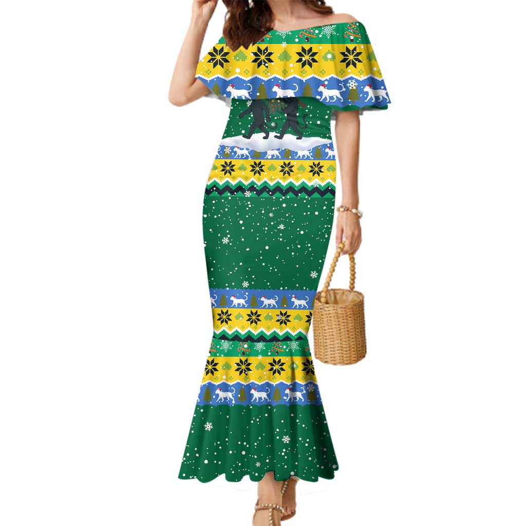 Gabon Christmas Family Matching Mermaid Dress and Hawaiian Shirt with Black Panthers Carrying Tree and Green Yellow Snowflake Pattern - Wonder Print Shop