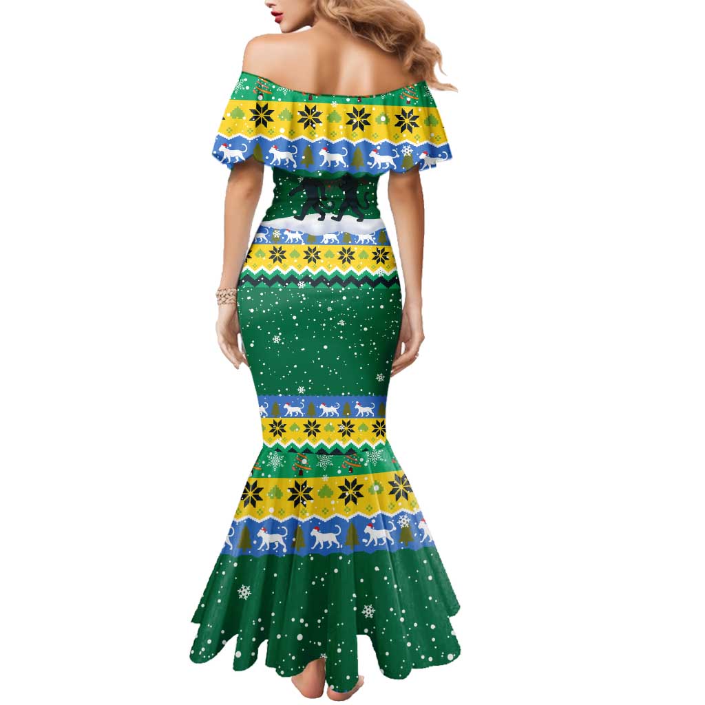 Gabon Christmas Family Matching Mermaid Dress and Hawaiian Shirt with Black Panthers Carrying Tree and Green Yellow Snowflake Pattern - Wonder Print Shop