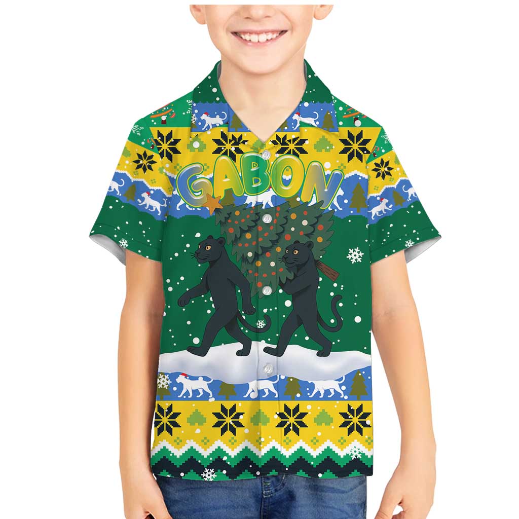 Gabon Christmas Family Matching Mermaid Dress and Hawaiian Shirt with Black Panthers Carrying Tree and Green Yellow Snowflake Pattern - Wonder Print Shop