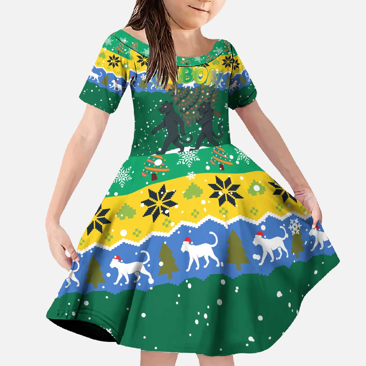 Gabon Christmas Family Matching Off The Shoulder Long Sleeve Dress and Hawaiian Shirt with Black Panthers Carrying Tree and Green Yellow Snowflake Pattern - Wonder Print Shop