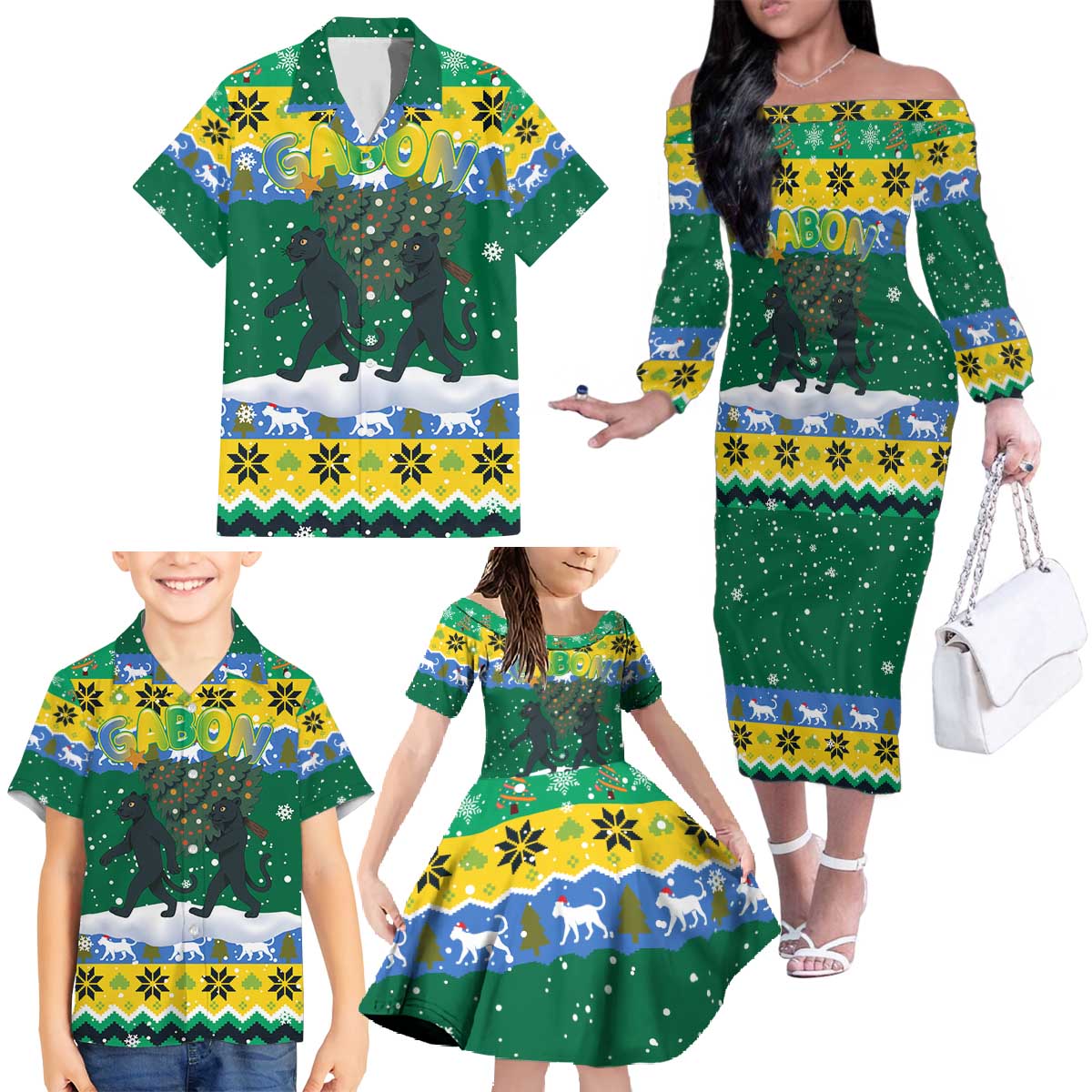 Gabon Christmas Family Matching Off The Shoulder Long Sleeve Dress and Hawaiian Shirt with Black Panthers Carrying Tree and Green Yellow Snowflake Pattern - Wonder Print Shop