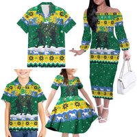 Gabon Christmas Family Matching Off The Shoulder Long Sleeve Dress and Hawaiian Shirt with Black Panthers Carrying Tree and Green Yellow Snowflake Pattern - Wonder Print Shop