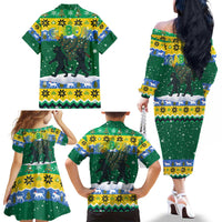 Gabon Christmas Family Matching Off The Shoulder Long Sleeve Dress and Hawaiian Shirt with Black Panthers Carrying Tree and Green Yellow Snowflake Pattern - Wonder Print Shop