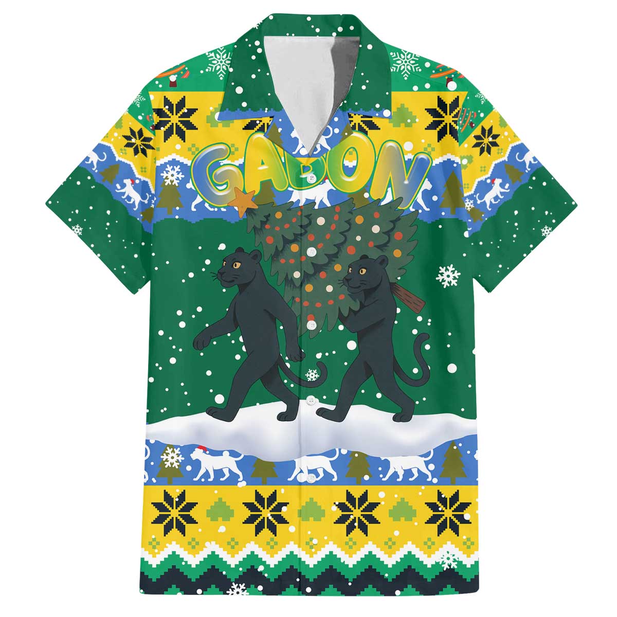 Gabon Christmas Family Matching Off The Shoulder Long Sleeve Dress and Hawaiian Shirt with Black Panthers Carrying Tree and Green Yellow Snowflake Pattern - Wonder Print Shop