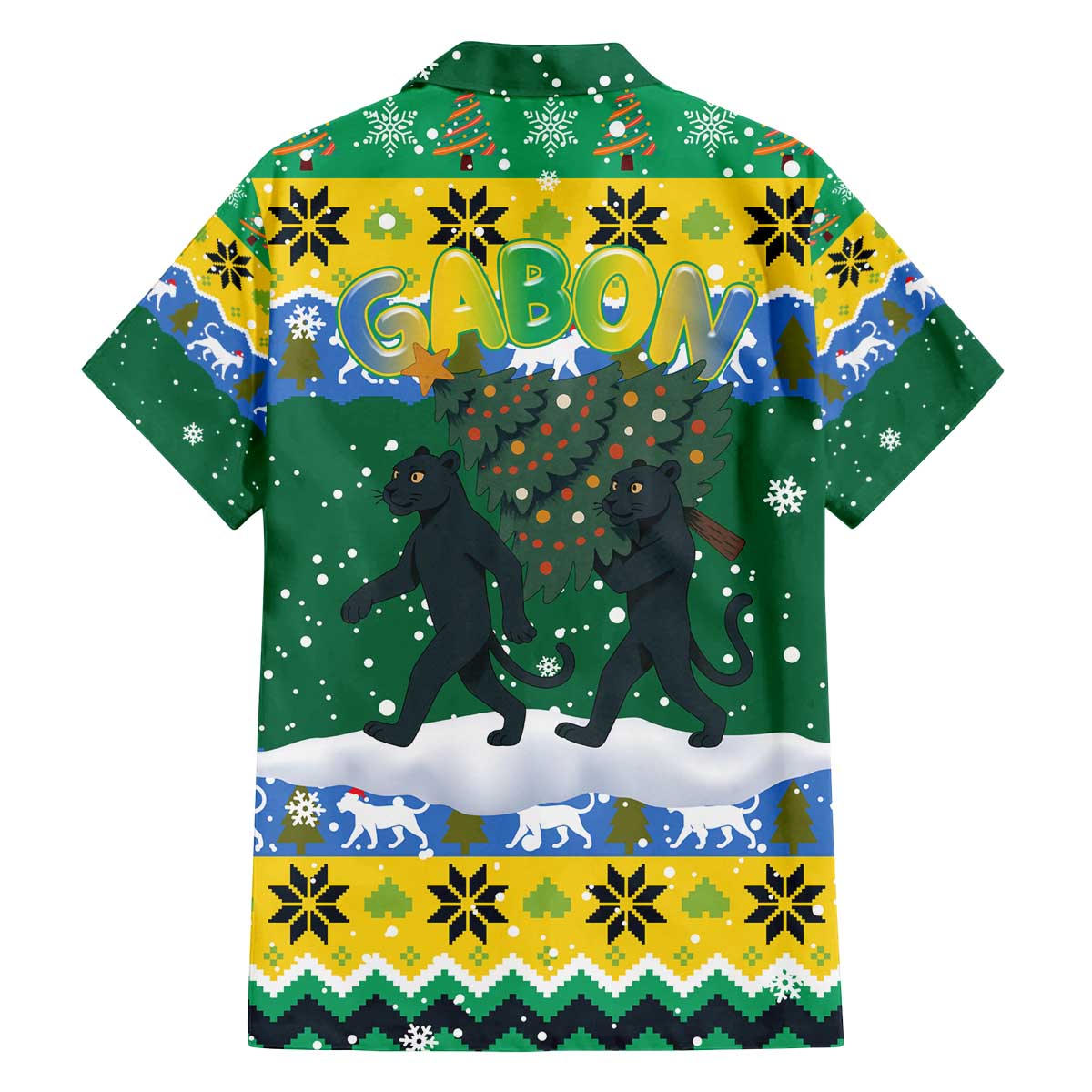 Gabon Christmas Family Matching Off The Shoulder Long Sleeve Dress and Hawaiian Shirt with Black Panthers Carrying Tree and Green Yellow Snowflake Pattern - Wonder Print Shop