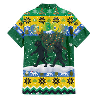 Gabon Christmas Family Matching Off The Shoulder Long Sleeve Dress and Hawaiian Shirt with Black Panthers Carrying Tree and Green Yellow Snowflake Pattern - Wonder Print Shop
