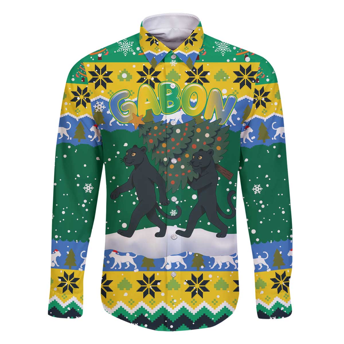 Gabon Christmas Family Matching Off The Shoulder Long Sleeve Dress and Hawaiian Shirt with Black Panthers Carrying Tree and Green Yellow Snowflake Pattern - Wonder Print Shop